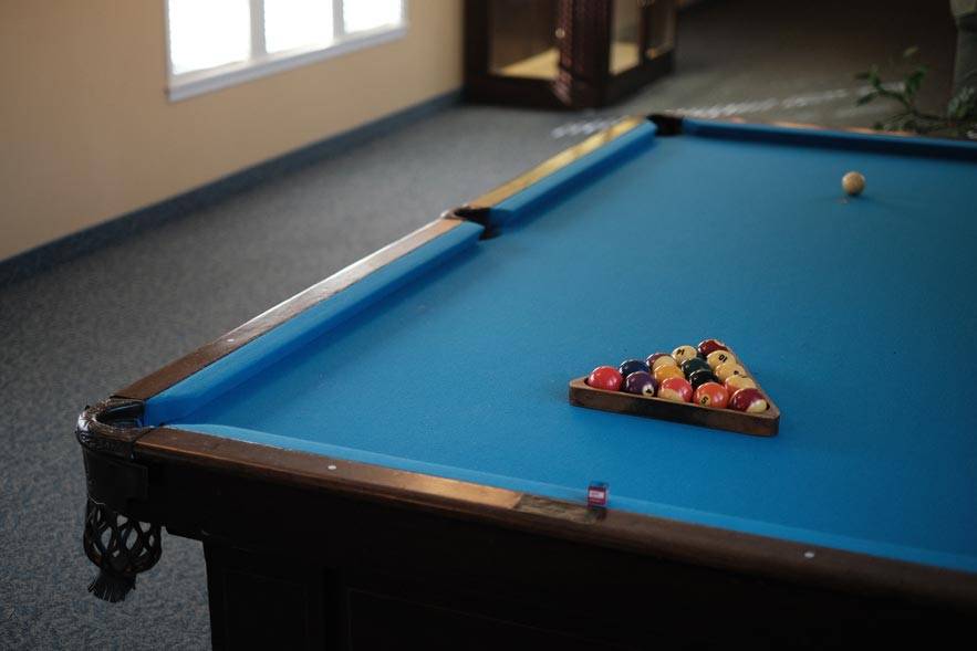 An interior shot of a billiards table at the Imboden Creek Gardens facility, from the Imboden Creek Gardens Gallery.